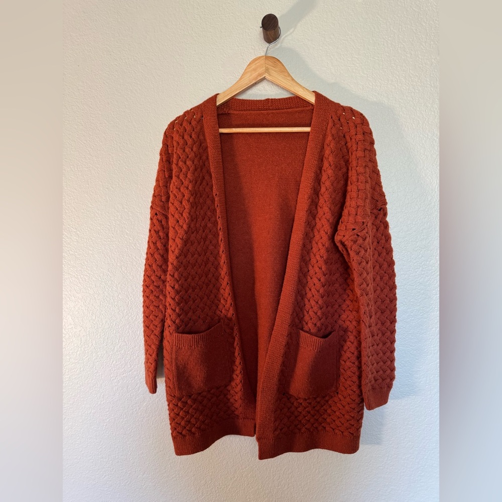 Size Large Long Knit Rust Colored Cardigan - Picture 2 of 5